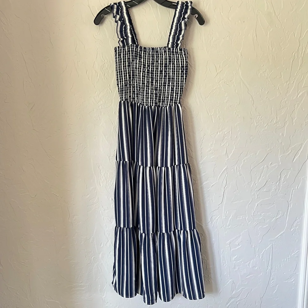 Stripe Smocked Maxi Dress, Size Small. Navy and white striped tiered maxi dress. - Picture 2 of 9